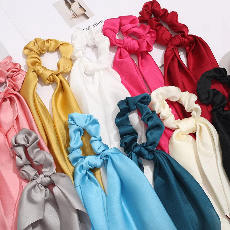 Wholesale Solid Color Knotted Satin Ribbon Fabric Hair Scrunchies