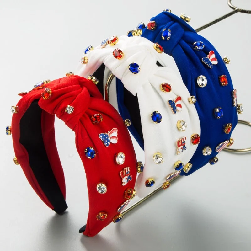 Wholesale Independence Day Diamond Studded Five Pointed Star National Flag Fabric Headbands