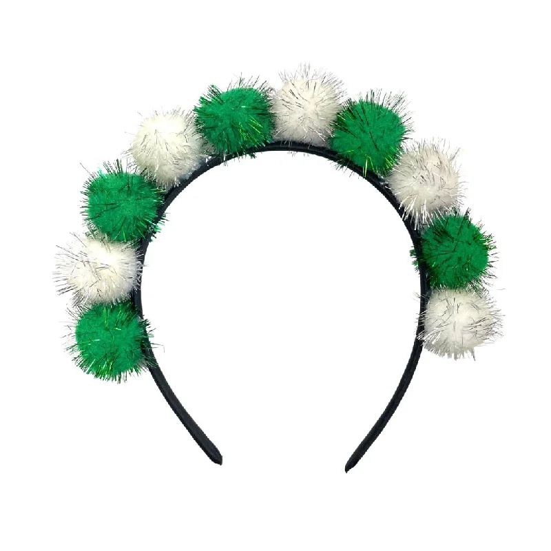 Green and White Tinsel Pom Pom Headband (Each)