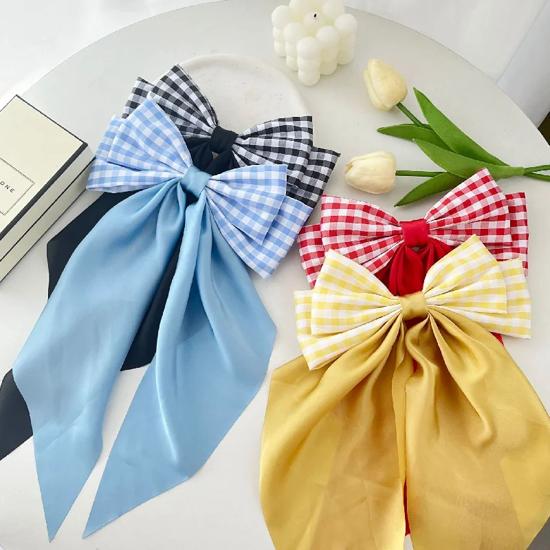 Wholesale 10PCS/PACK Fabric Plaid Long Satin Ribbon Bow Hairpin