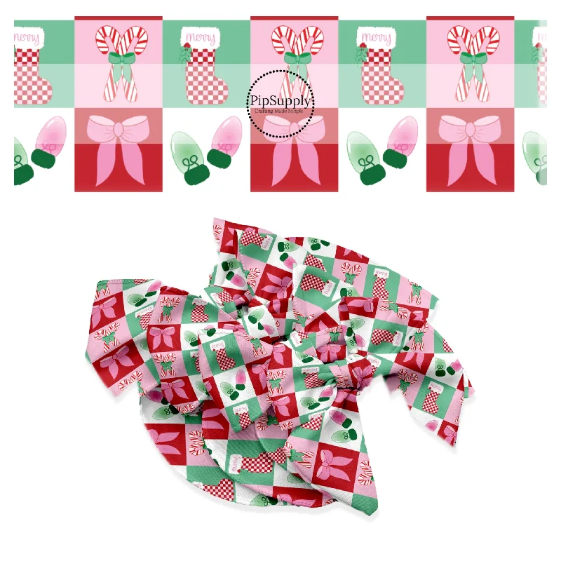 Pink Christmas Object Checker Hair Bow Strips