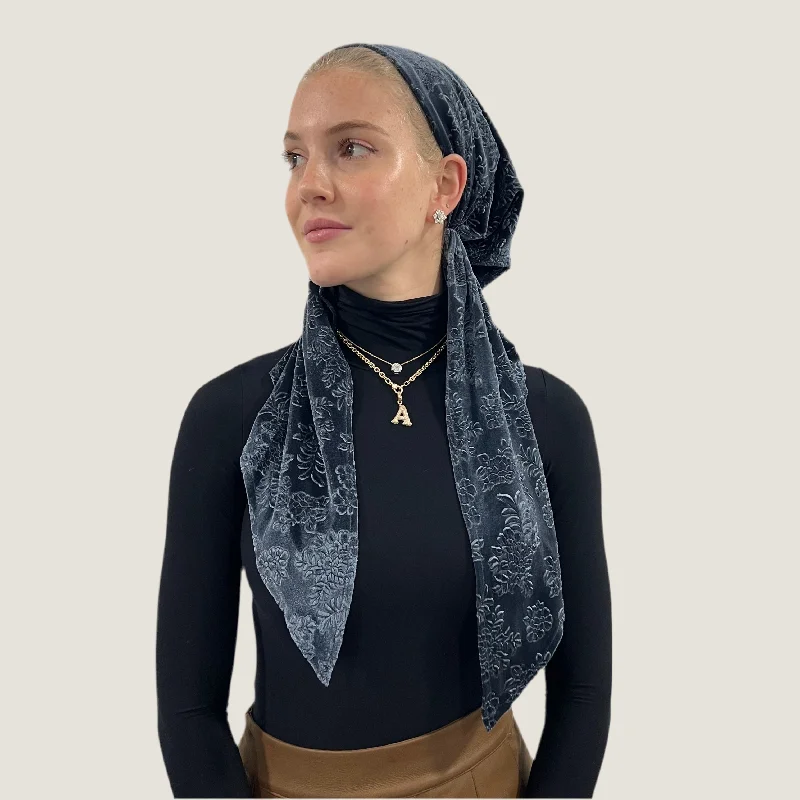 Dark Gray Velvet Floral Pre-Tied Scarf