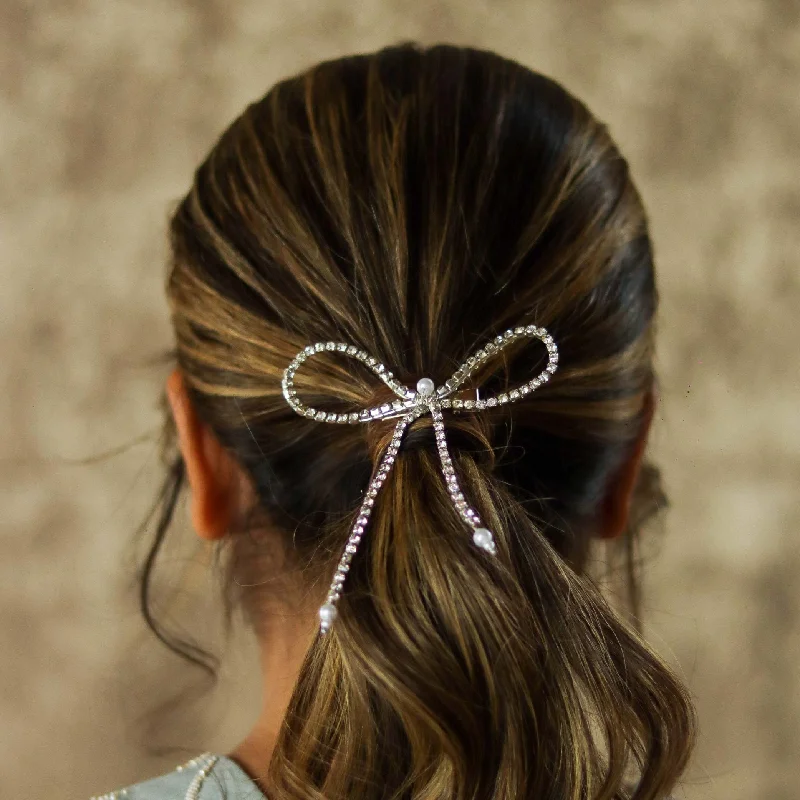 Crystal Hair Bow Alligator Clip - Silver