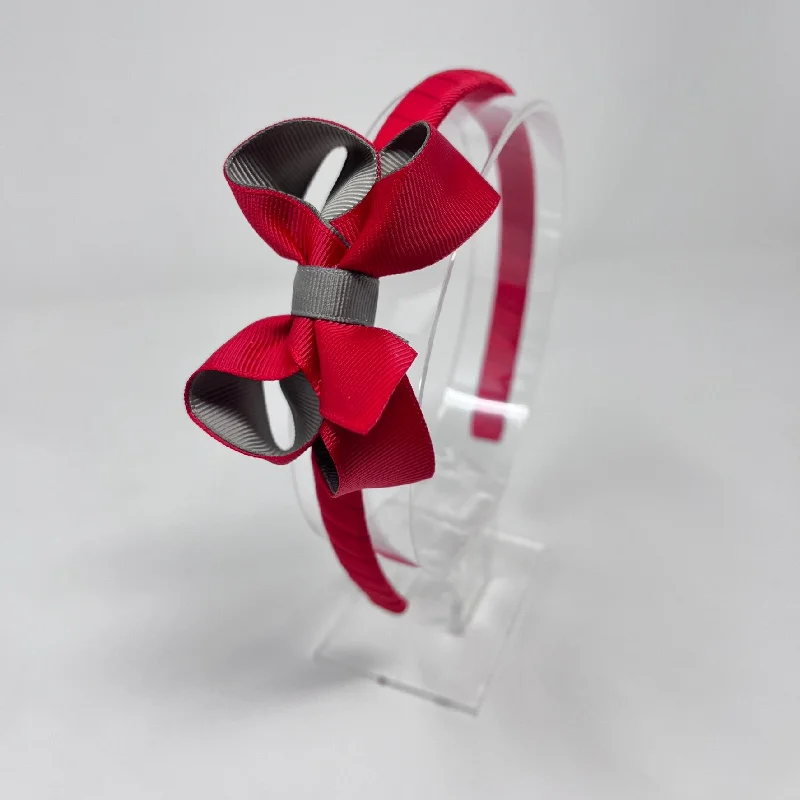 3 Inch Bow Alice Band - Red & Metal Grey