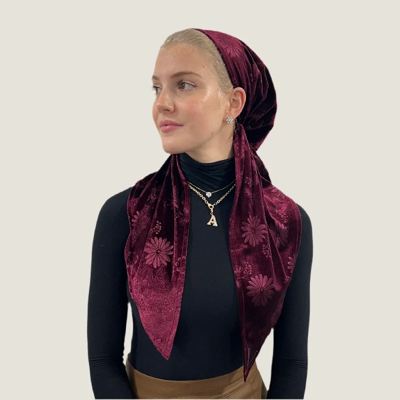 Burgundy Velvet Daisy Pre-Tied Scarf