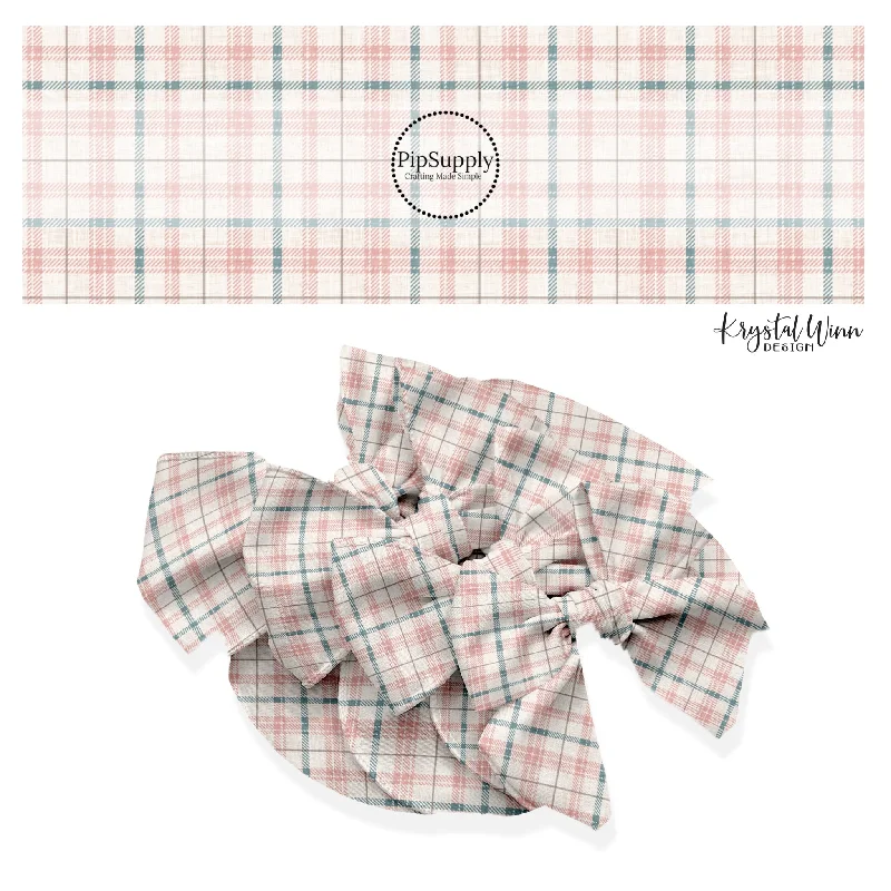 Dusty Pink Sage Plaid Hair Bow Strips