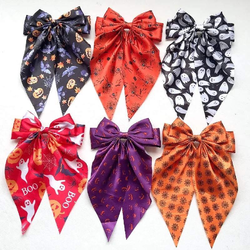 Wholesale Halloween Fabric Printed Pumpkin Head Ghost Spider Web Ribbon Hairpin