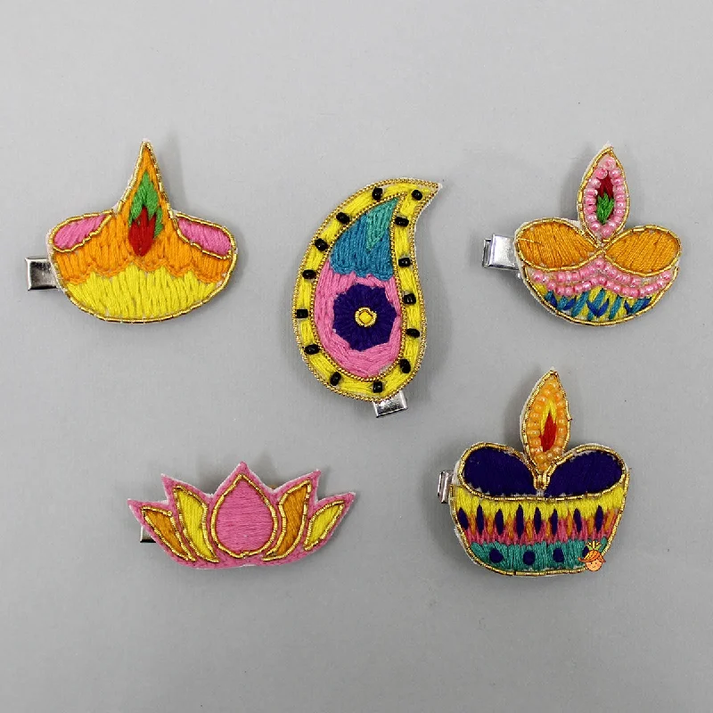 Thread Embroidered Diyas And Lotus With Motif Hair Clips