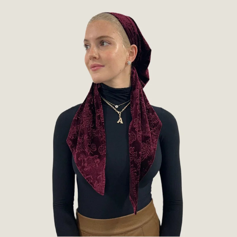 Burgundy Velvet Floral Pre-Tied Scarf