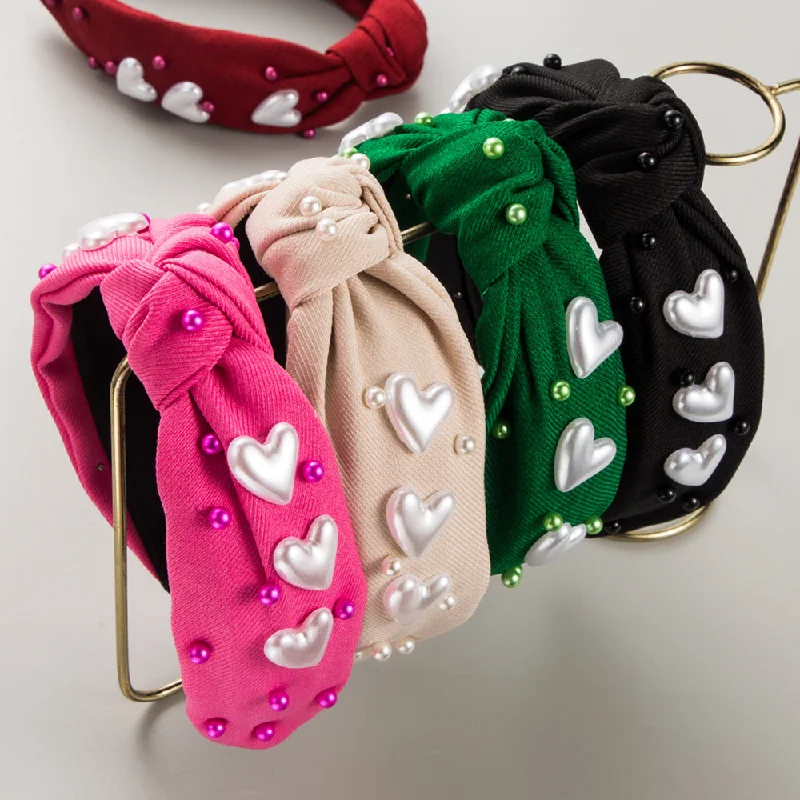 Wholesale Fabric Inlaid with Multiple Heart-shaped Pearl Studded Valentine's Day Headbands