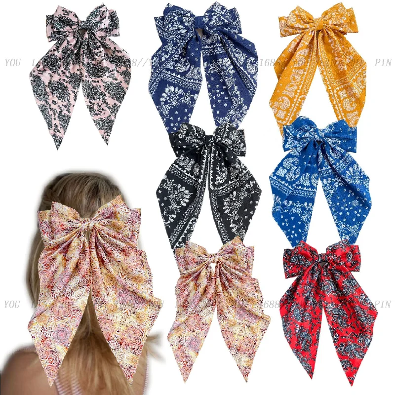 Wholesale Retro Printed Large Streamer Bow Back Head Spring Clip