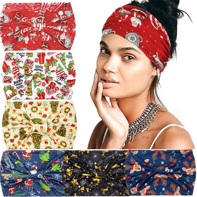 Wholesale Christmas Printed Hairband with Wide Edges and Knotted Elastic Headband Cartoon Santa Claus Headscarf