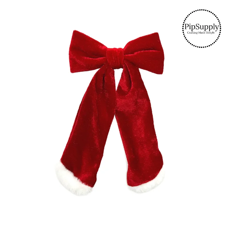 Fur Trimmed Velvet LONG TAIL Hair Bow -TIED w/Clip