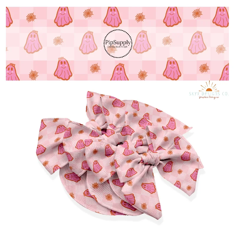 Cutesy Pink Ghost Checker Hair Bow Strips