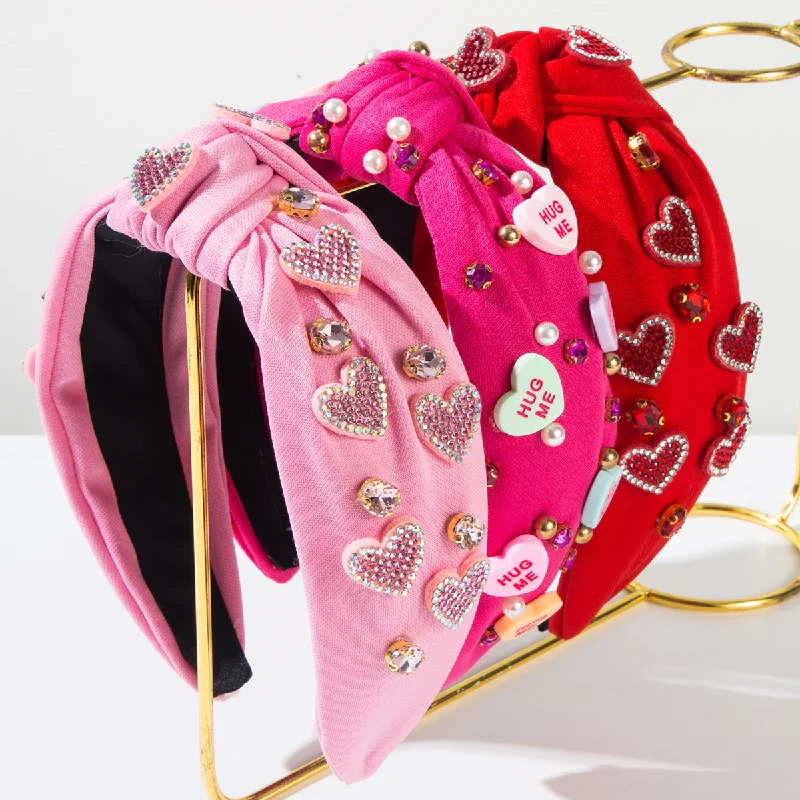 Wholesale Valentine's Day Knotted Heart Fittings with Diamond-encrusted Wide-brimmed Headbands