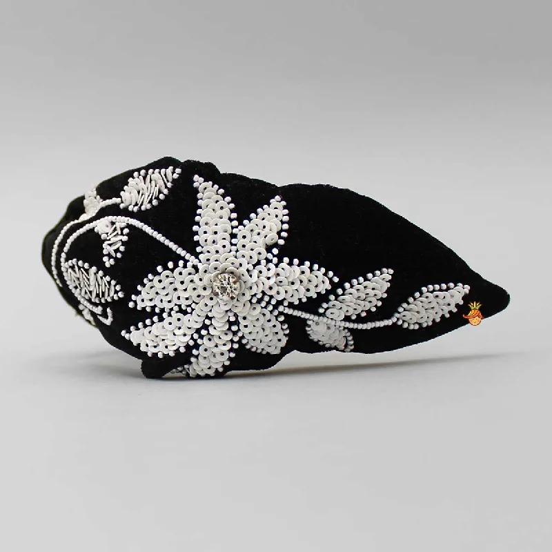 Intricate Sequins Embroidered Black Velvet Hair Band