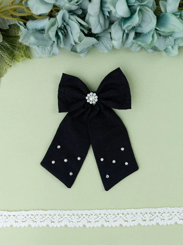 Pearl Embellished Sailor Bow Alligator Hair Clip - Black