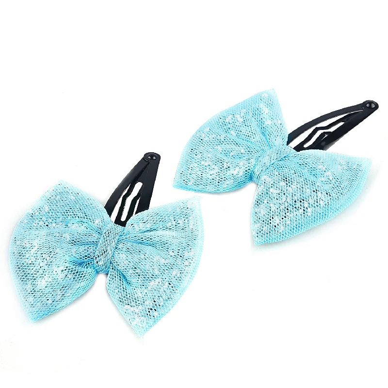 Glitter Sequin Bow Hair Clip - Light Blue